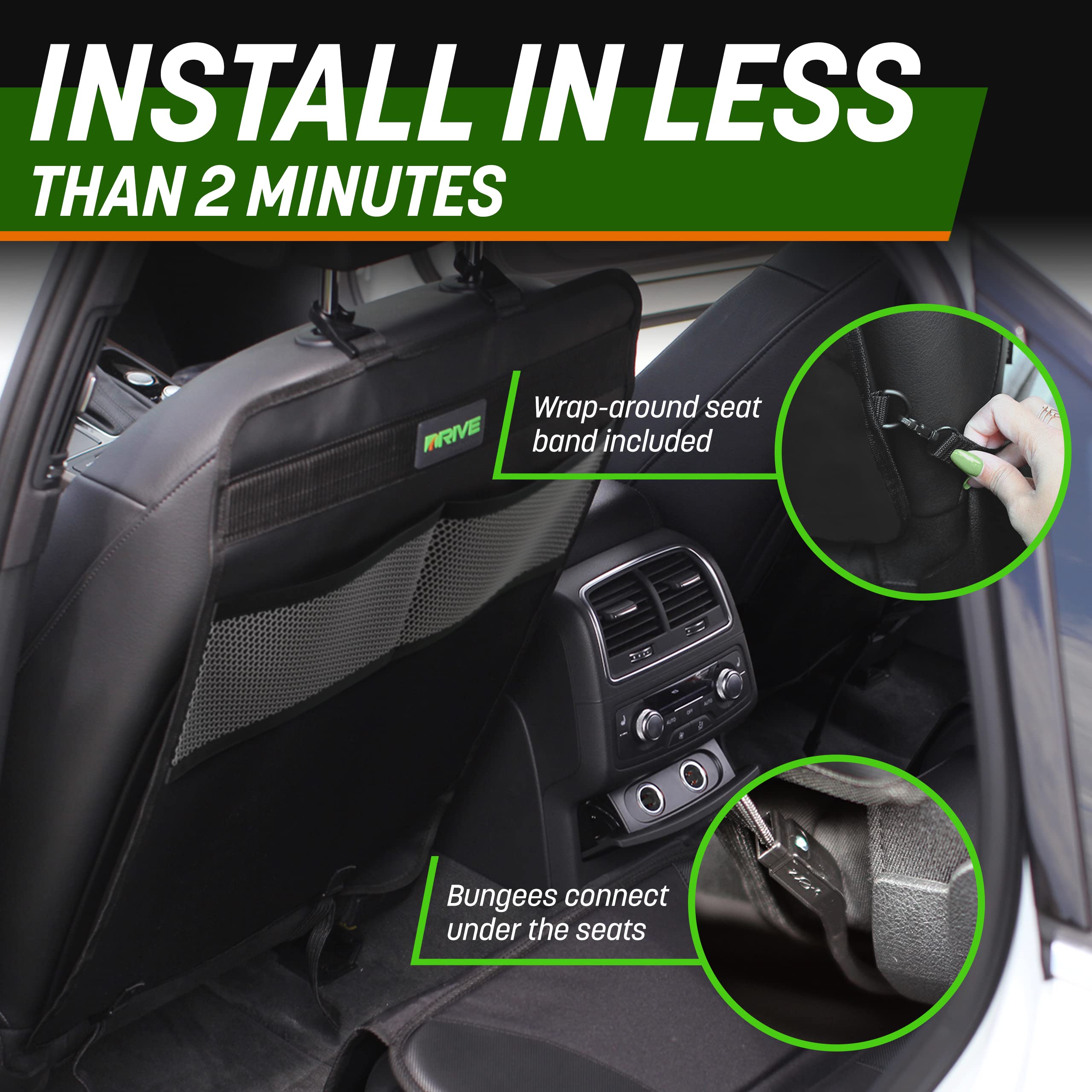 DRIVE AUTO PRODUCTS bungee under-seat hook illustration demonstrates secure hidden mounting.