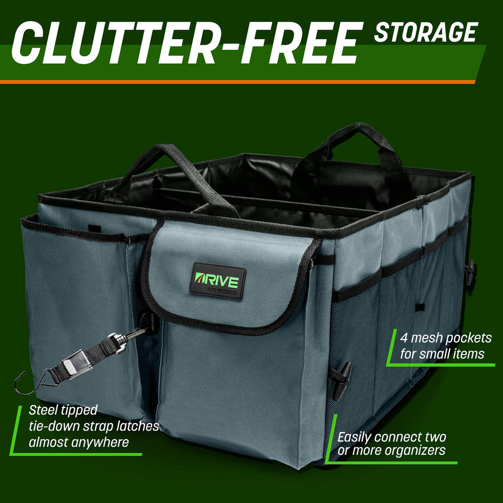 DRIVE car trunk organizer strap system secures items during transit