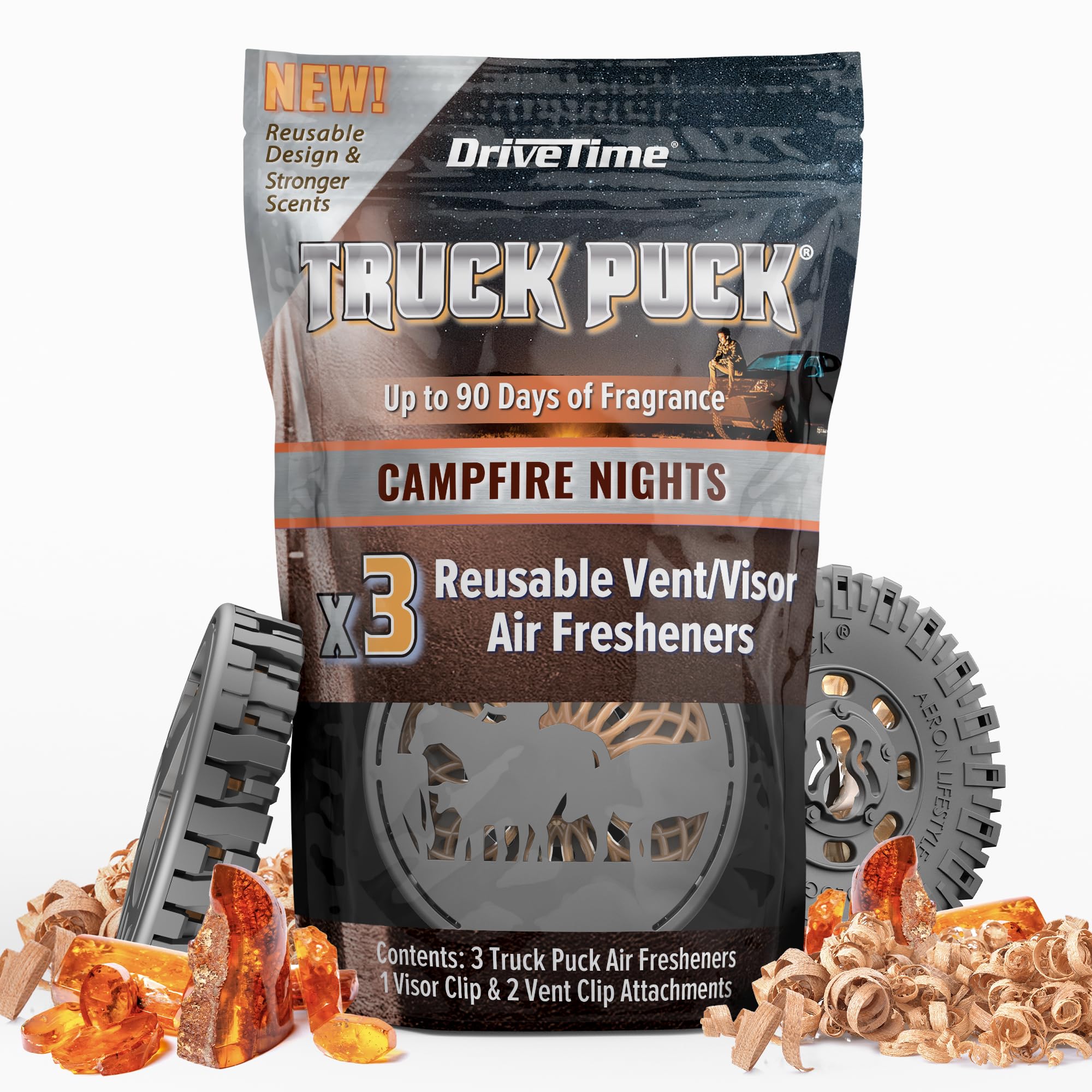 Drive Time Truck Puck Campfire Night close-up delivers long-lasting freshness.