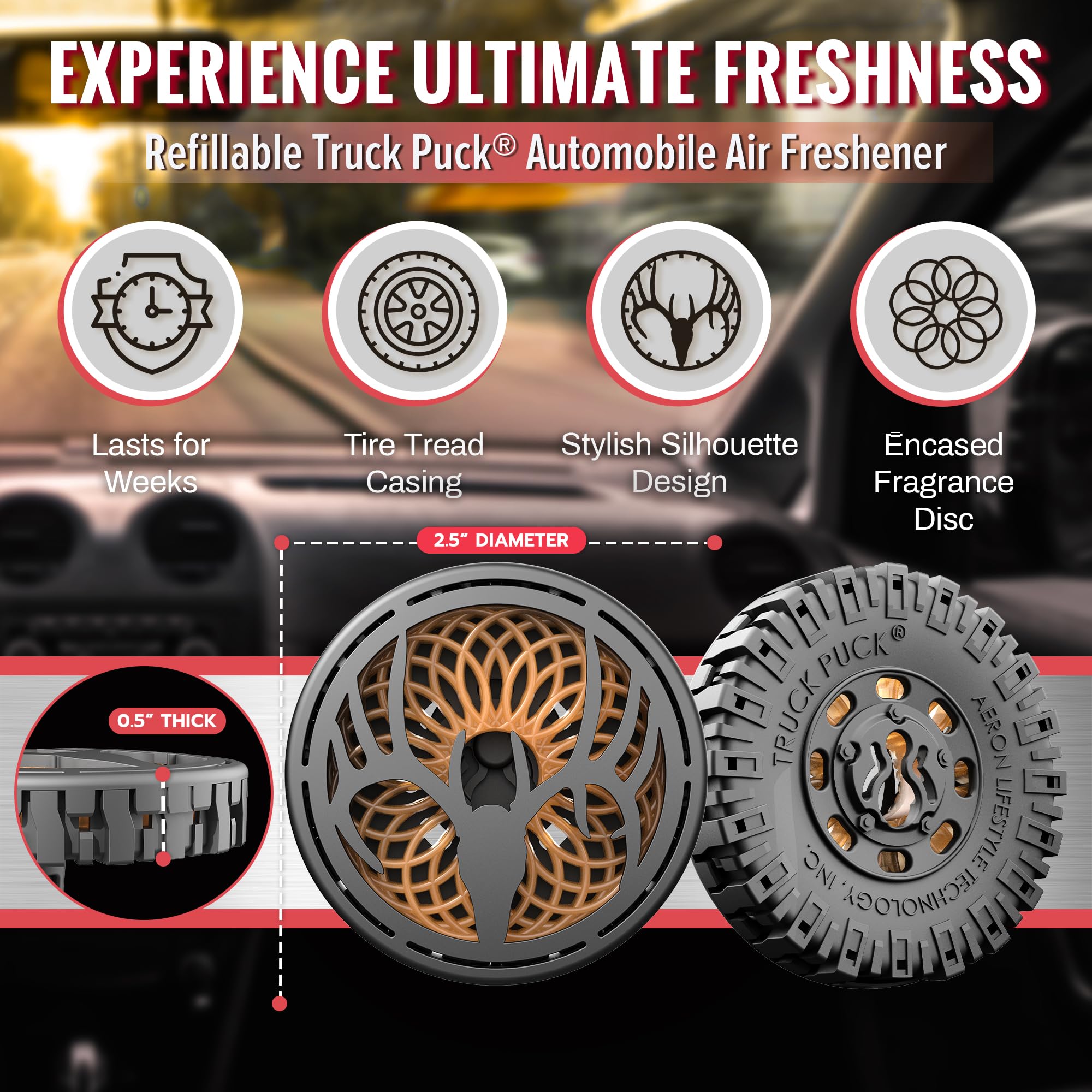Drive Time Truck Puck Cedar fragrance with clip-in car for easy placement.