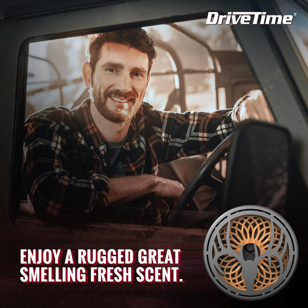 Drive Time Truck Puck Cedar fragrance dashboard placement demonstrates versatile delivery.