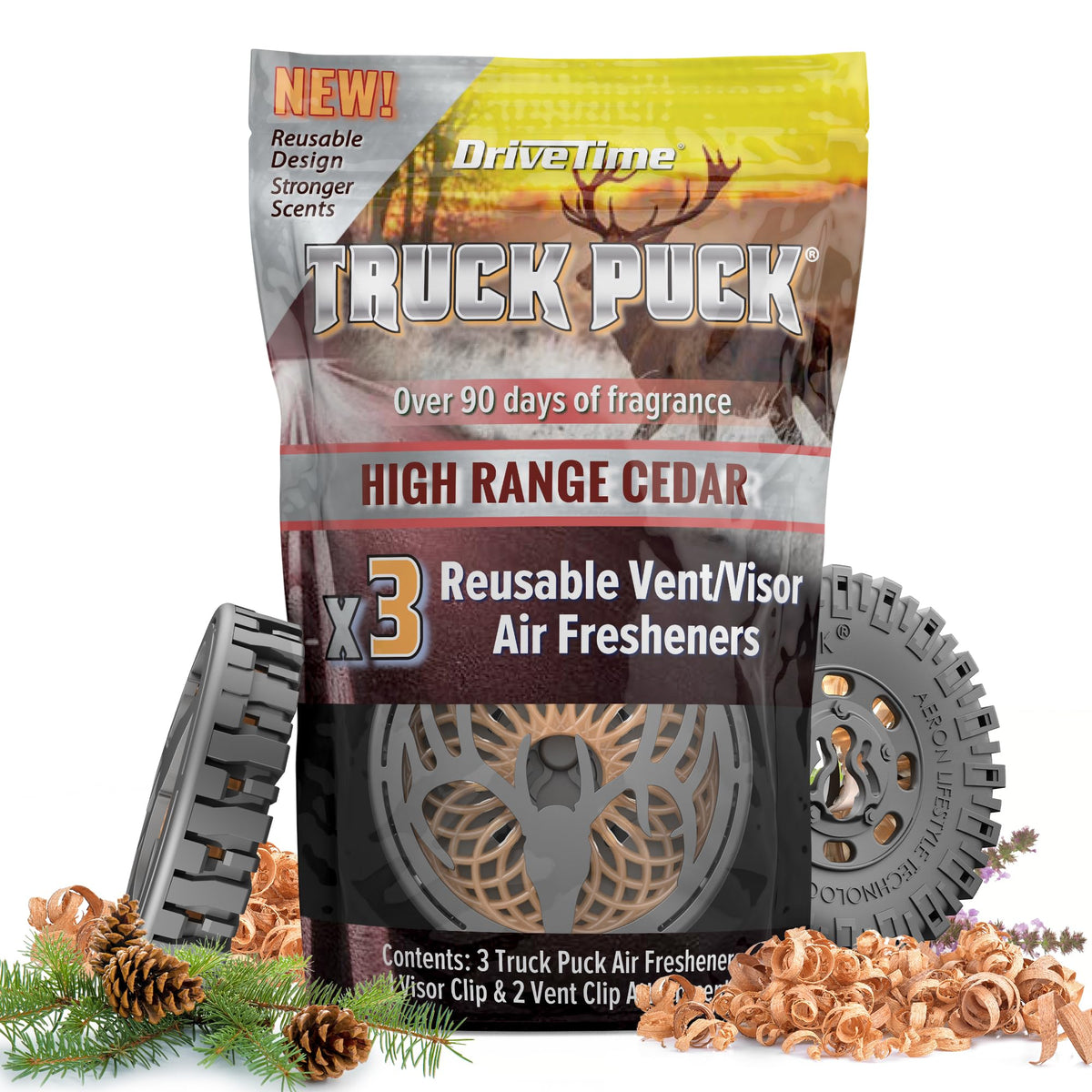 Drive Time Truck Puck Cedar fragrance packaging showing compact design for vehicles.