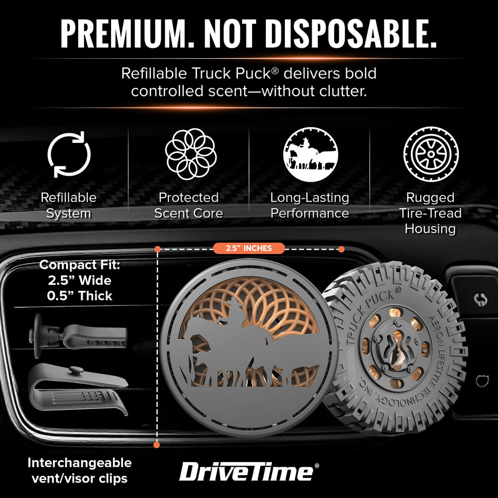 Drive Time Truck Puck placed in cup holder for steady aroma release.