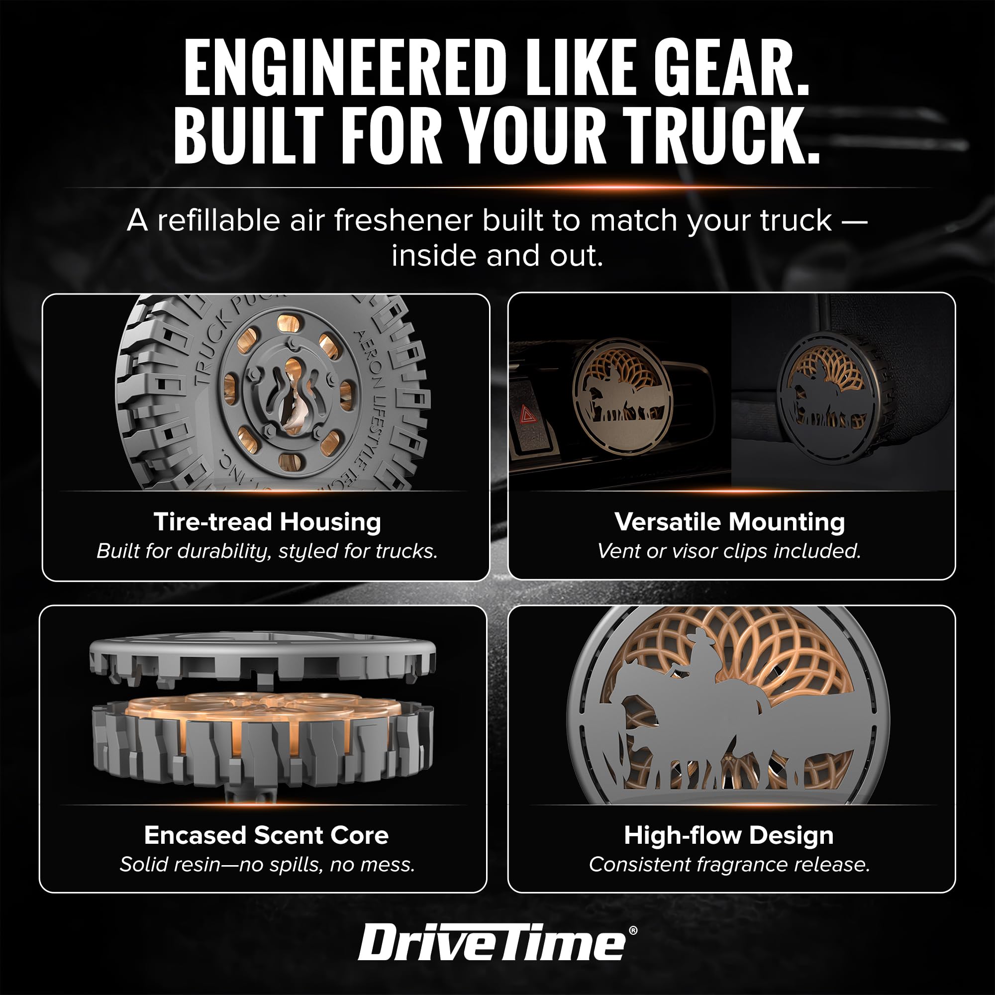 Drive Time Truck Puck clipped to vent for quick scent distribution.