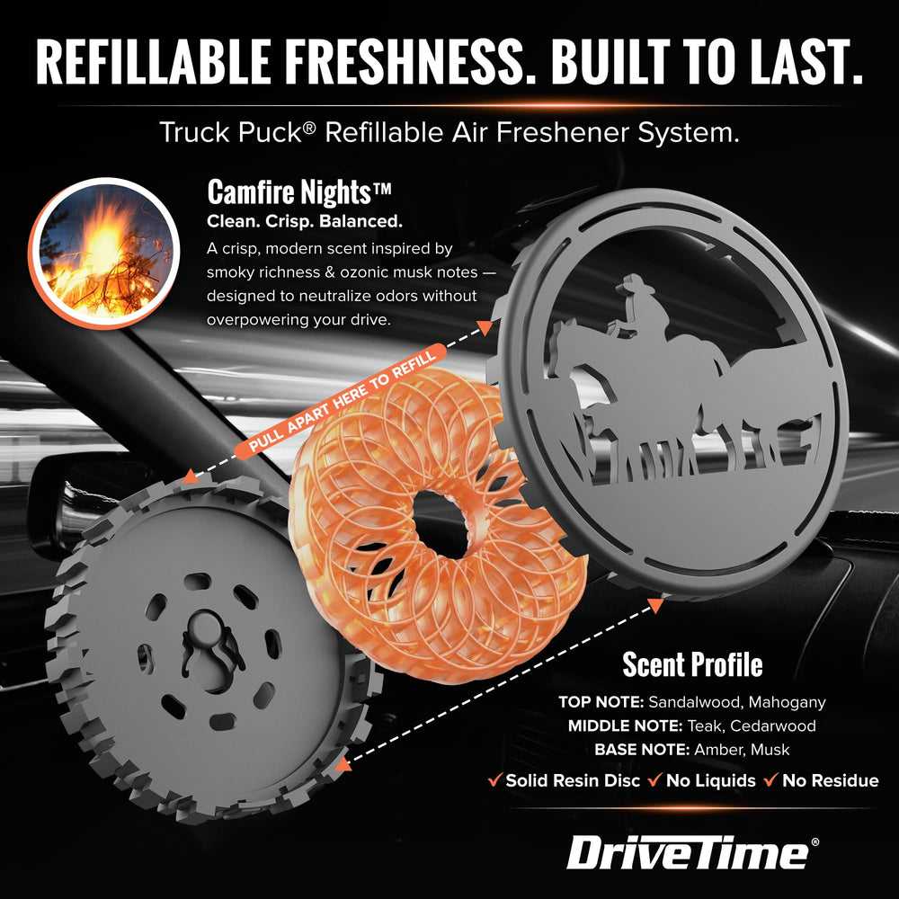 Drive Time Truck Puck clipped to visor for flexible placement.