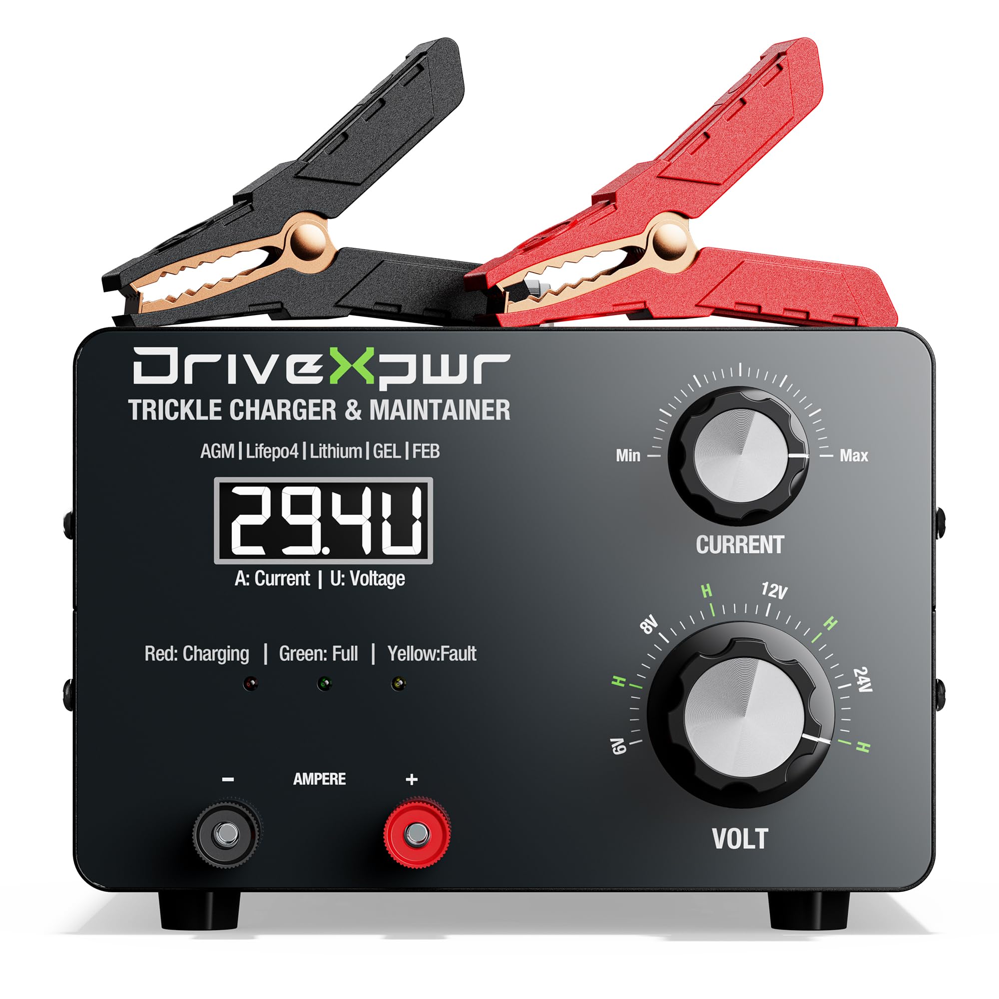 DriveXpwr adjustable charger front view with multiple voltage options for precision charging
