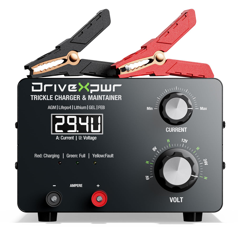 DriveXpwr adjustable charger front view with multiple voltage options for precision charging