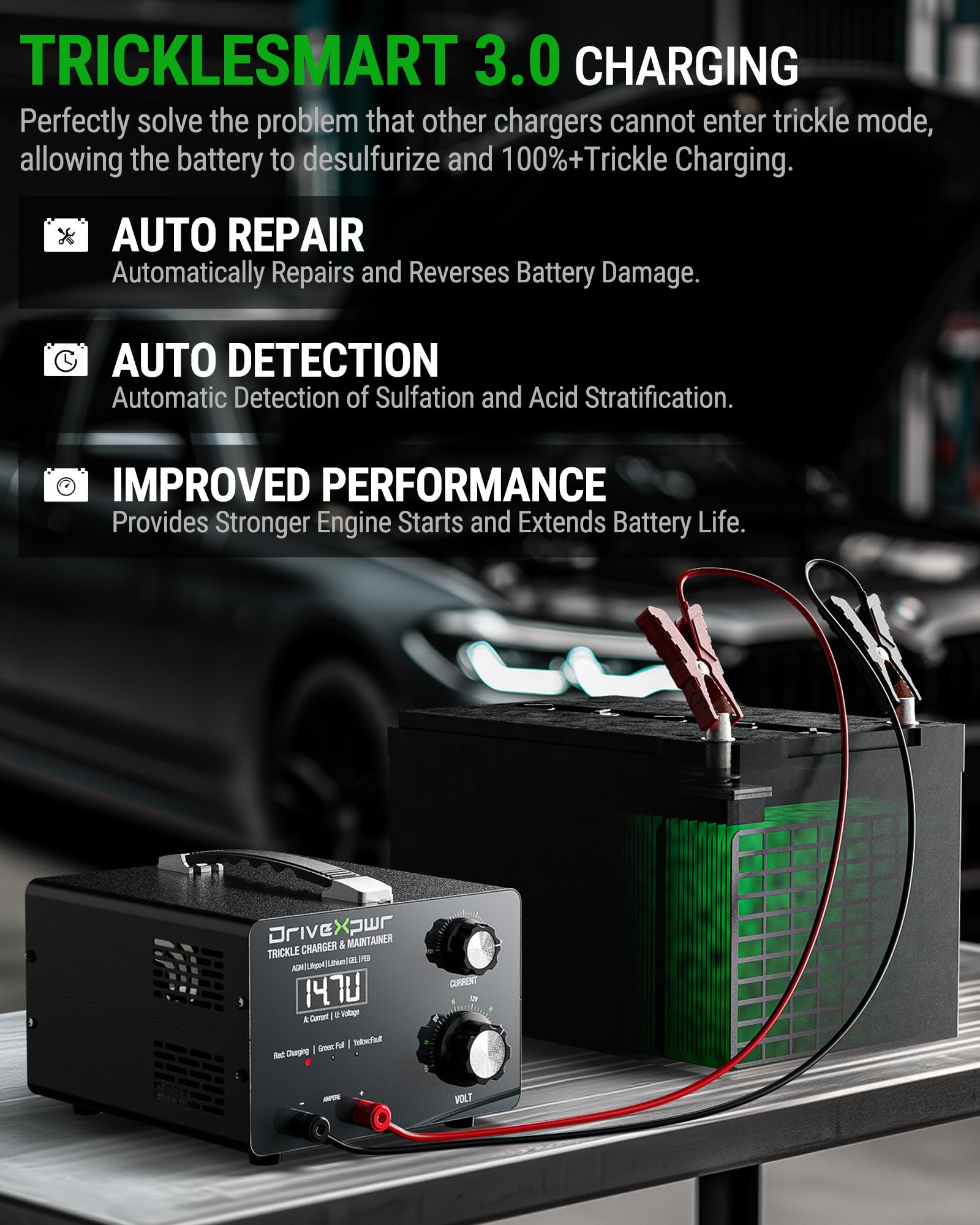 DriveXpwr charger with alligator clips for quick on site charging