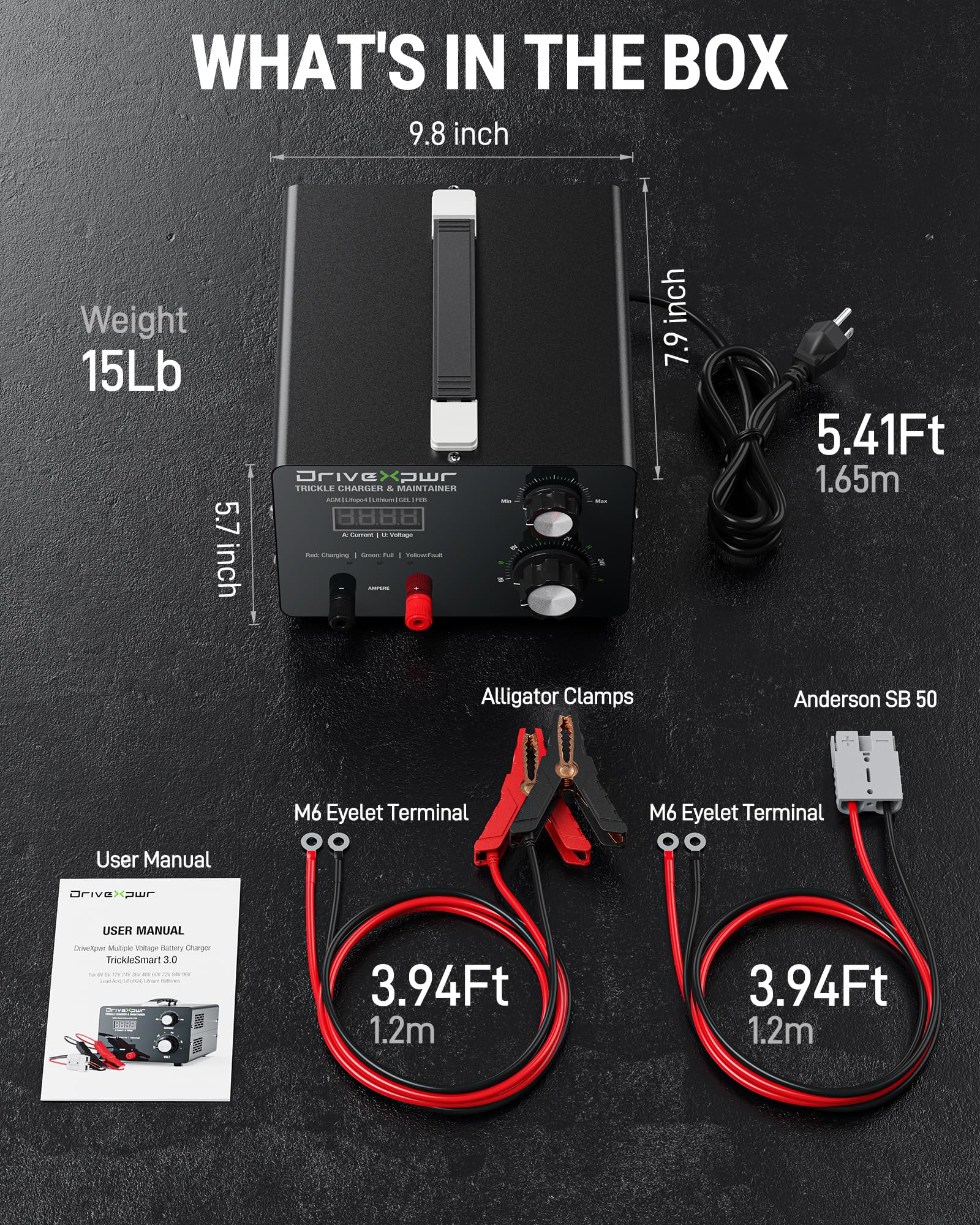 DriveXpwr package includes charger SB-50 connector and clips for use