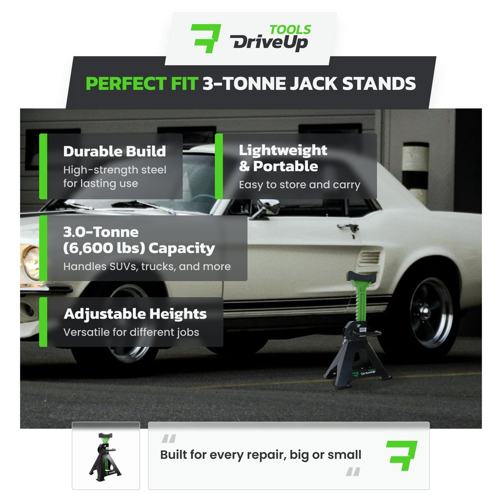 DriveUpTools jack stands compact design shown for garage storage