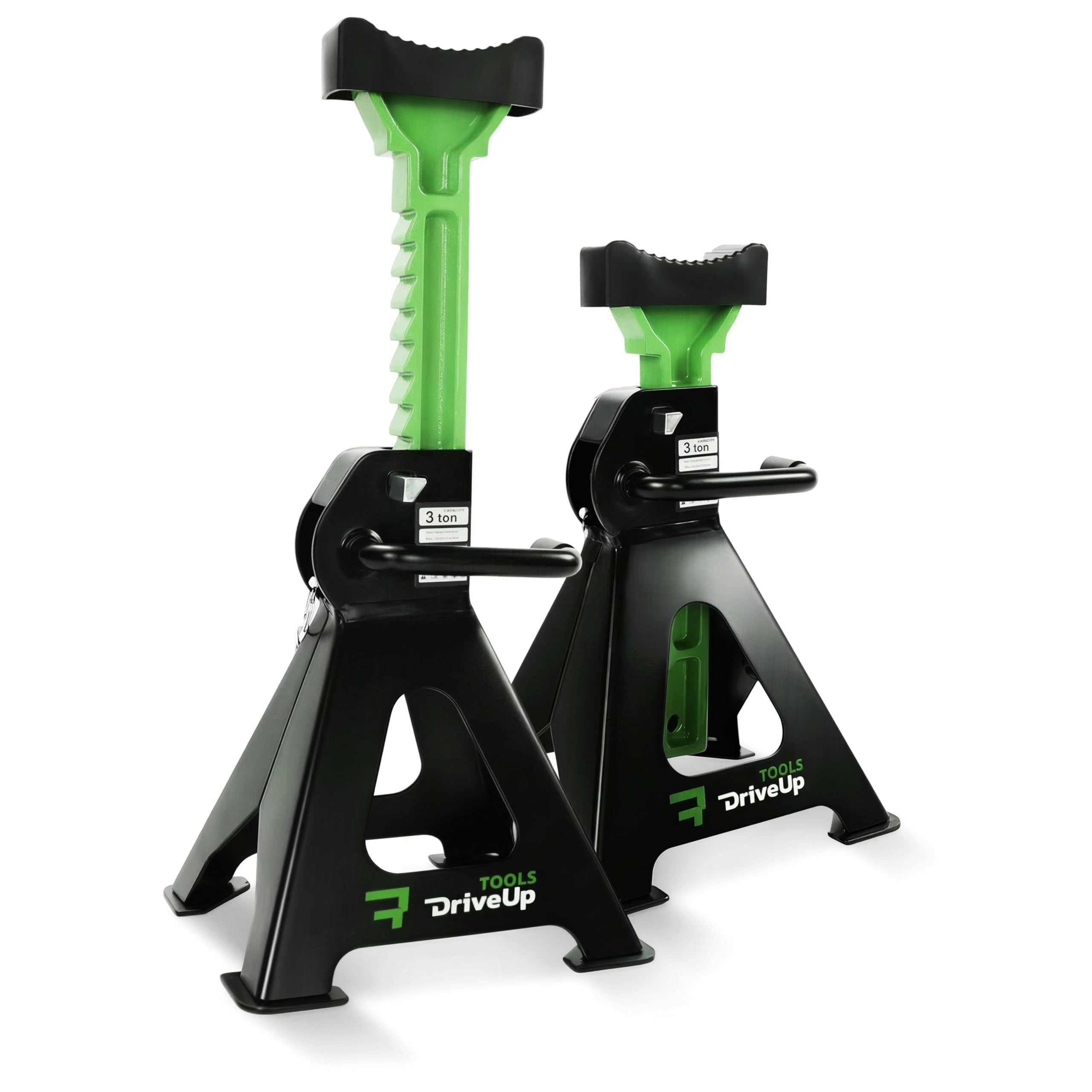DriveUpTools 3-ton jack stands front view showing stable base for safe lifting