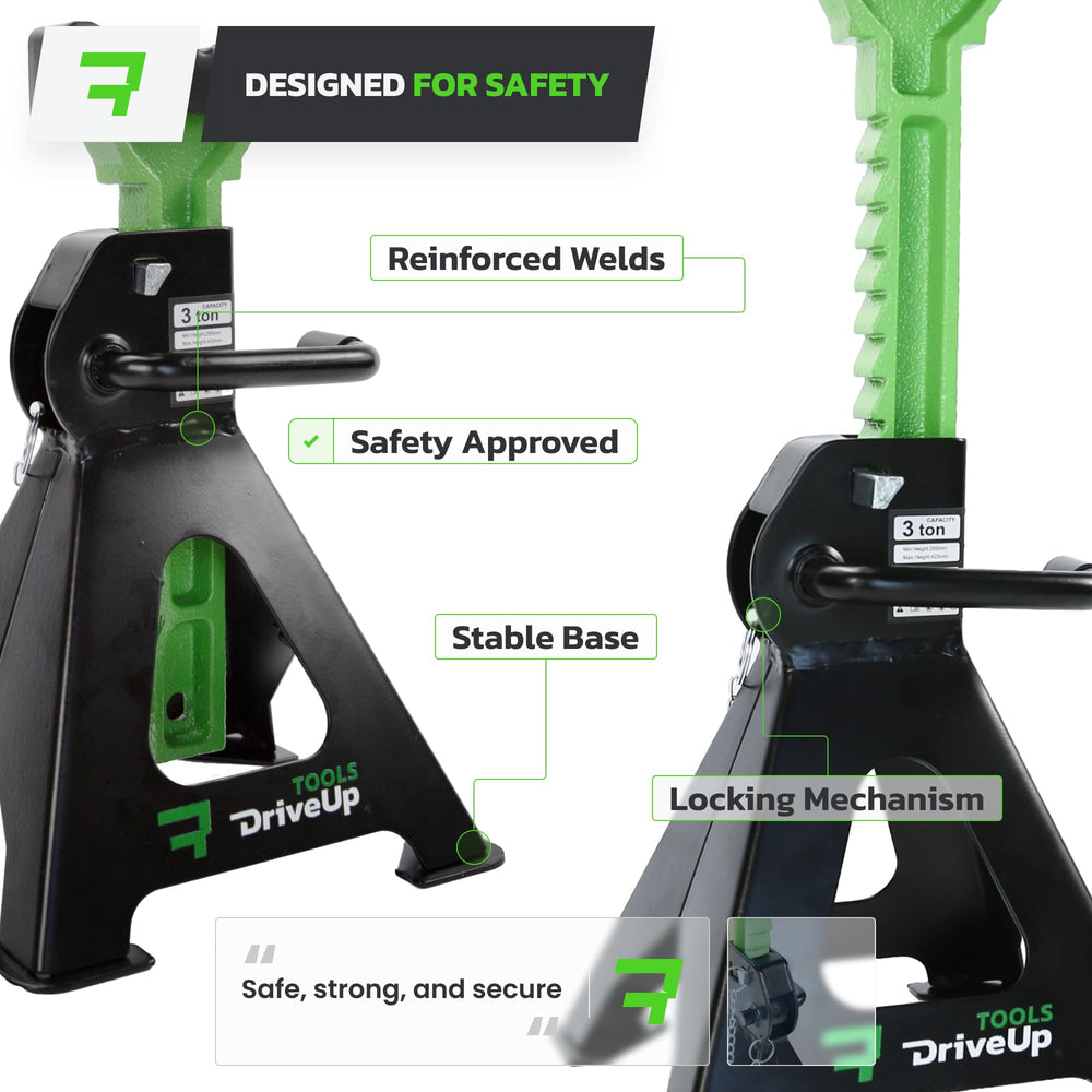 DriveUpTools locking pin detail illustrating safety system prevents accidental collapse