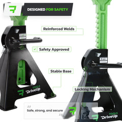 DriveUpTools locking pin detail illustrating safety system prevents accidental collapse