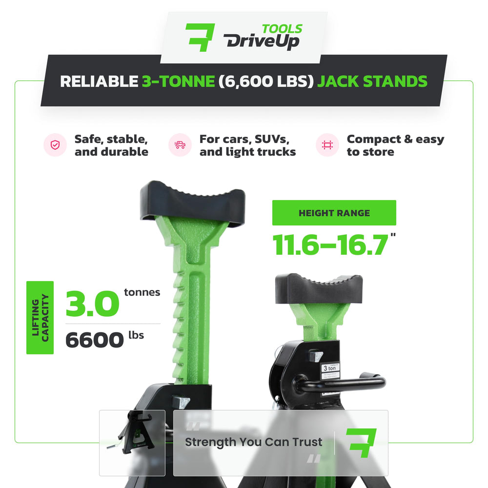 DriveUpTools jack stands side view highlighting compact storage and easy access