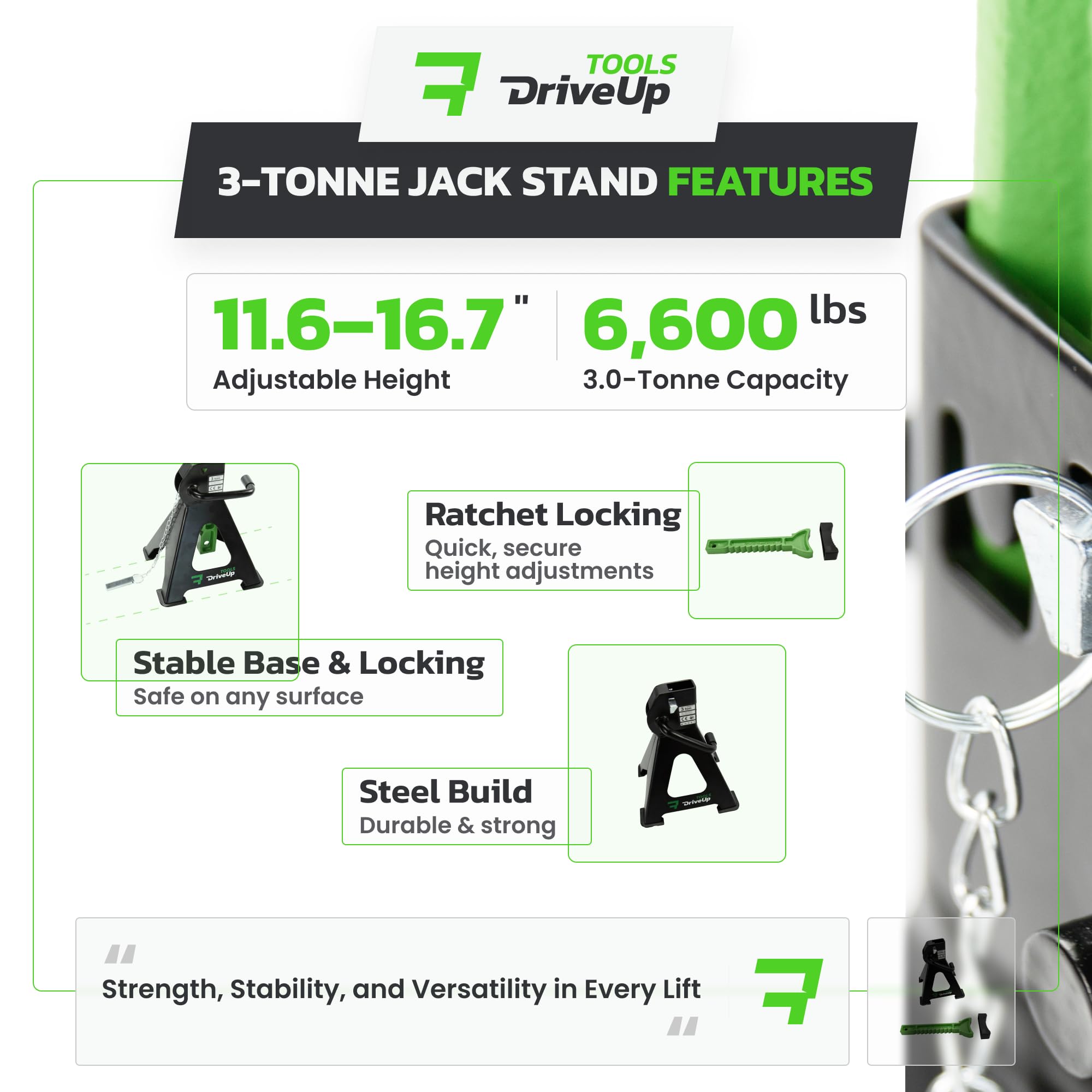 DriveUpTools 3-ton stands in use under vehicle demonstrating solid support