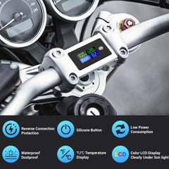 DROK battery monitor volt readout highlights voltage levels for automotive or marine use.