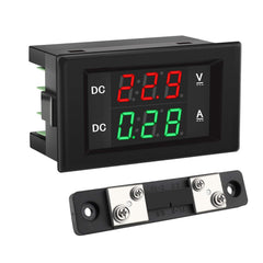 DROK DC voltmeter-ammeter panel front display shows voltage and current clearly.