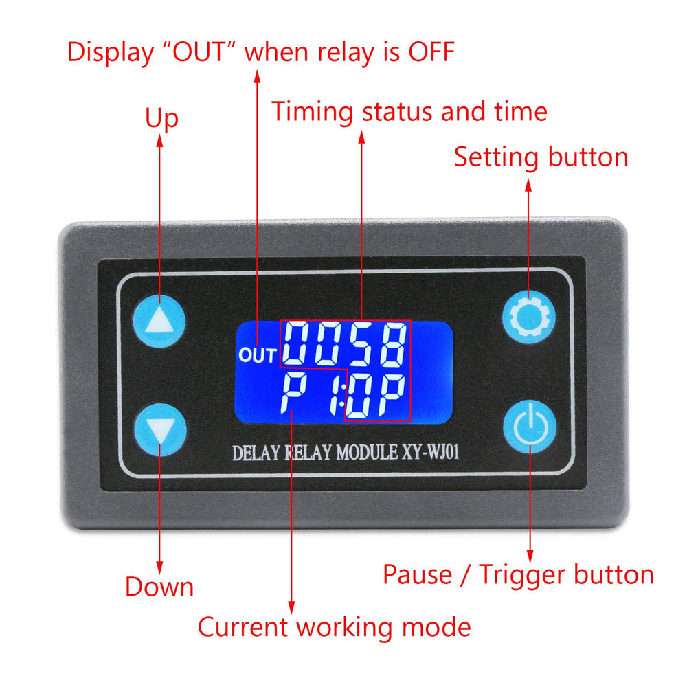 DROK delay relay module with digital display shows timing clearly.