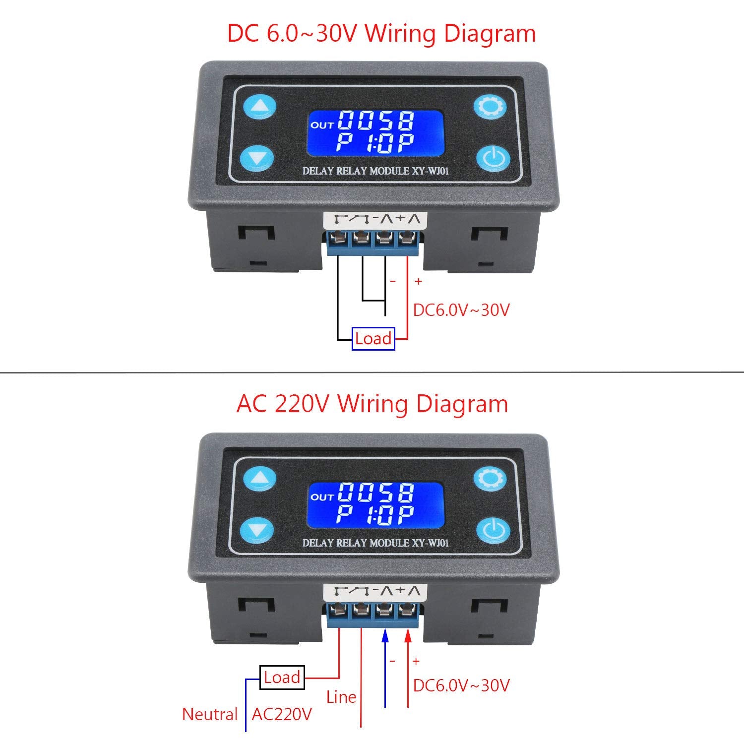 DROK delay relay module setup buttons enable quick configuration.