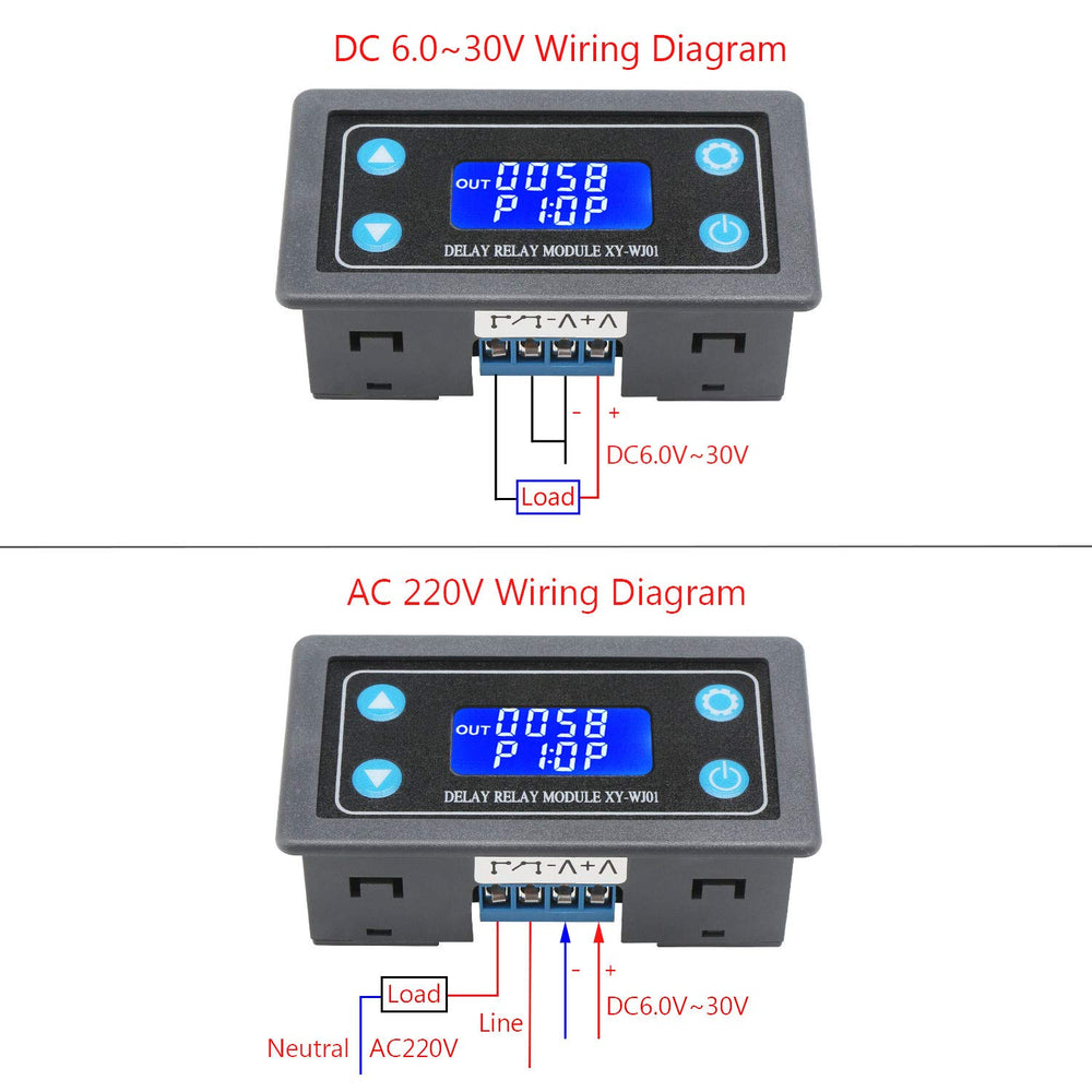 DROK delay relay module setup buttons enable quick configuration.