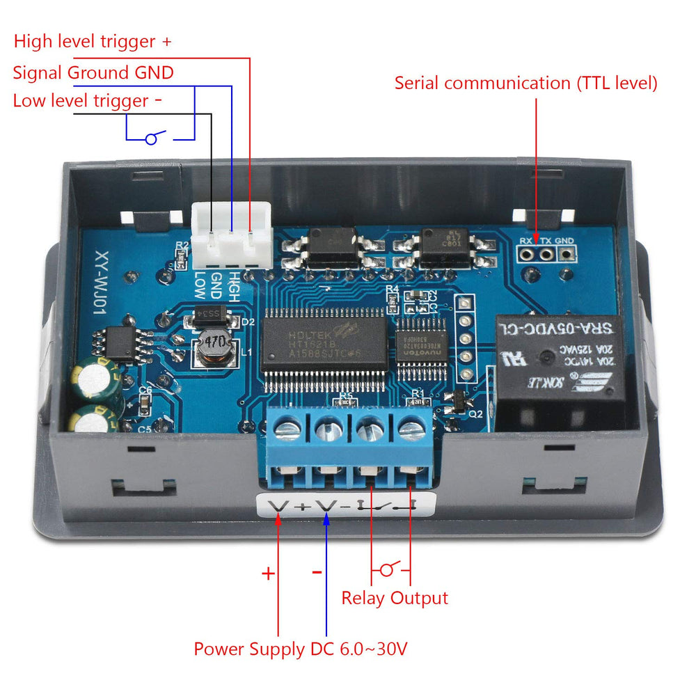 DROK delay relay module wiring terminals support flexible triggering.
