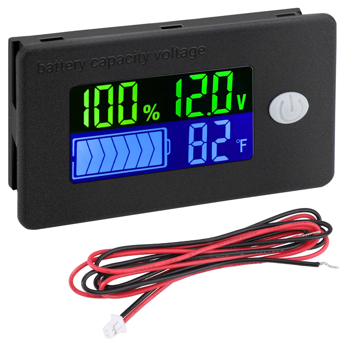 DROK RV Battery Monitor with LCD display for voltage and status tracking.