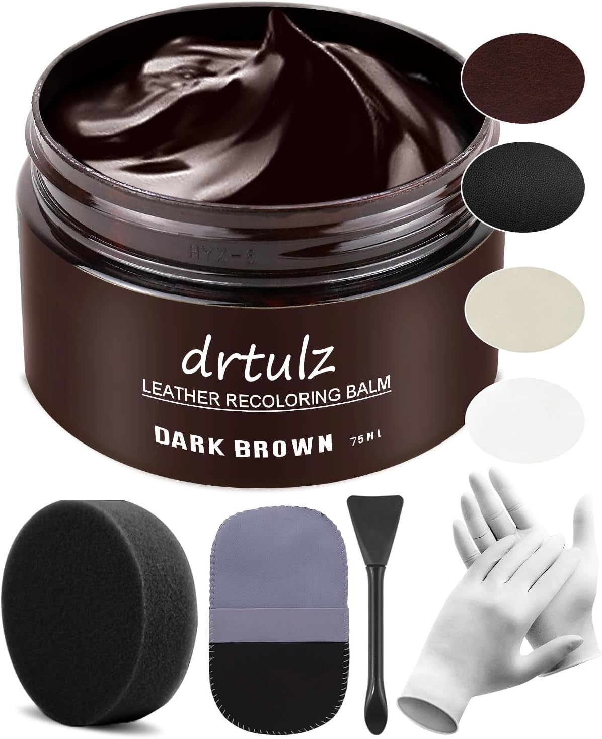 Drtulz dark brown leather recoloring balm bottle pour demonstrates deep color renewal for faded furniture.