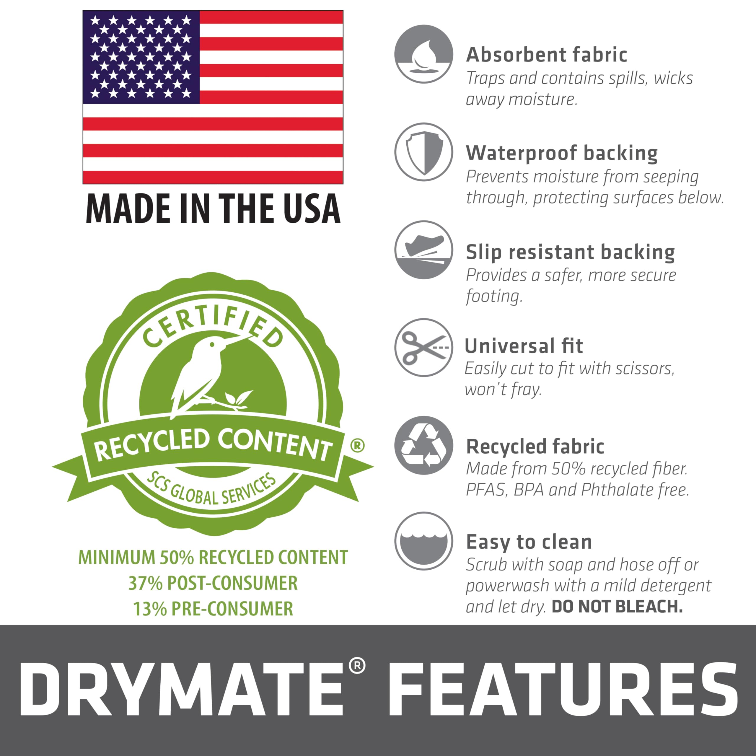 Drymate durable top layer with recycled content supports long-lasting use.