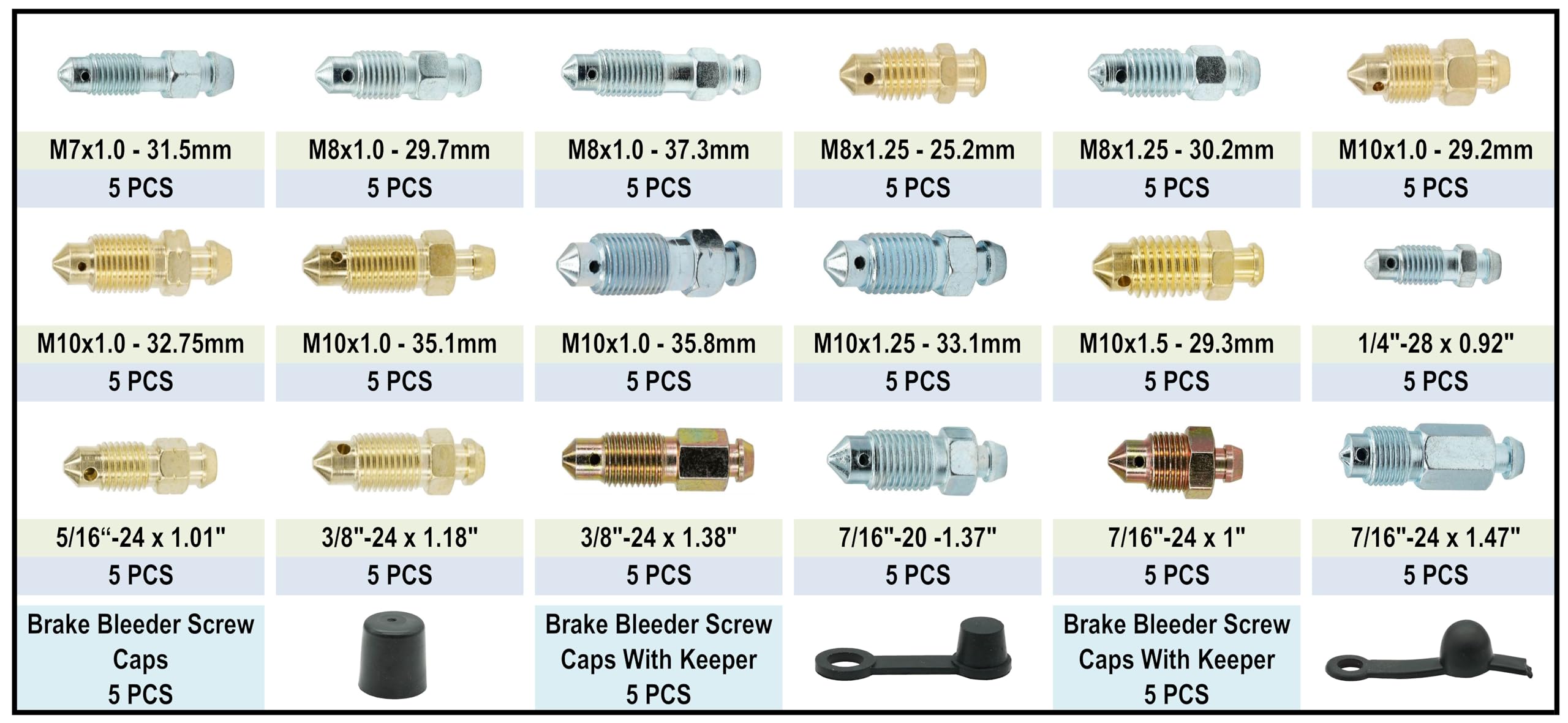 Dsnaduo brake bleeder screws array showcases SAE and metric options for versatile repairs.