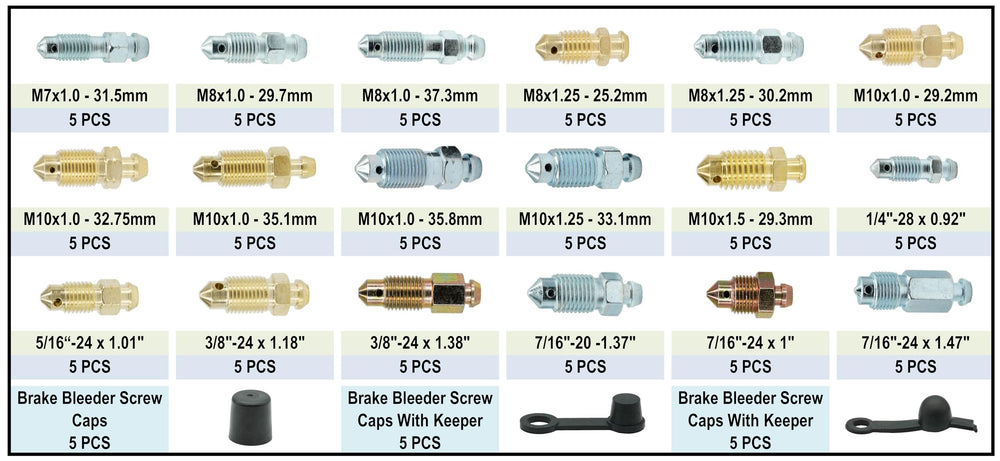 Dsnaduo brake bleeder screws array showcases SAE and metric options for versatile repairs.