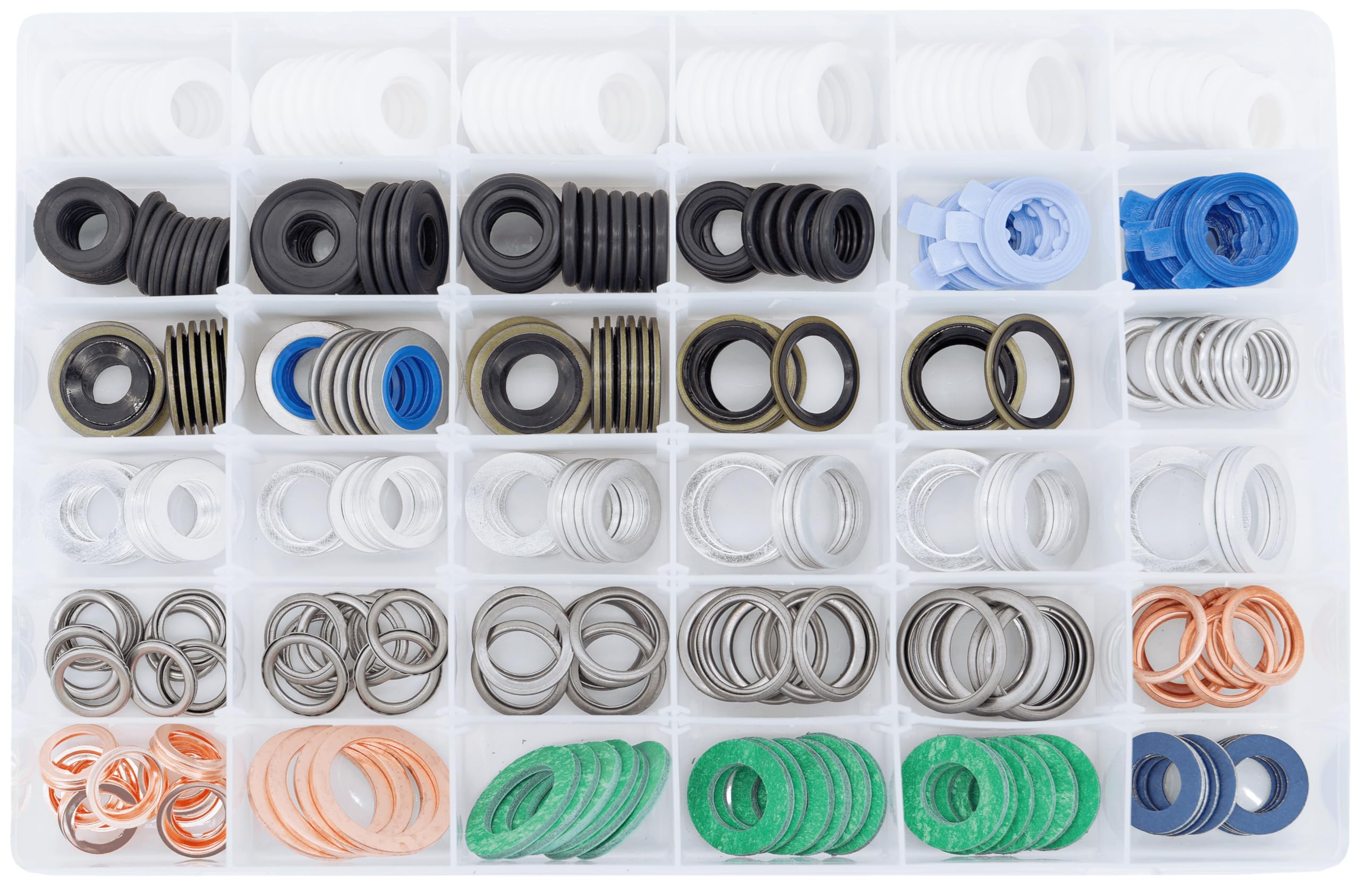 Dsnaduo oil drain plug gasket collection showing 36 sizes for versatile vehicle sealing.