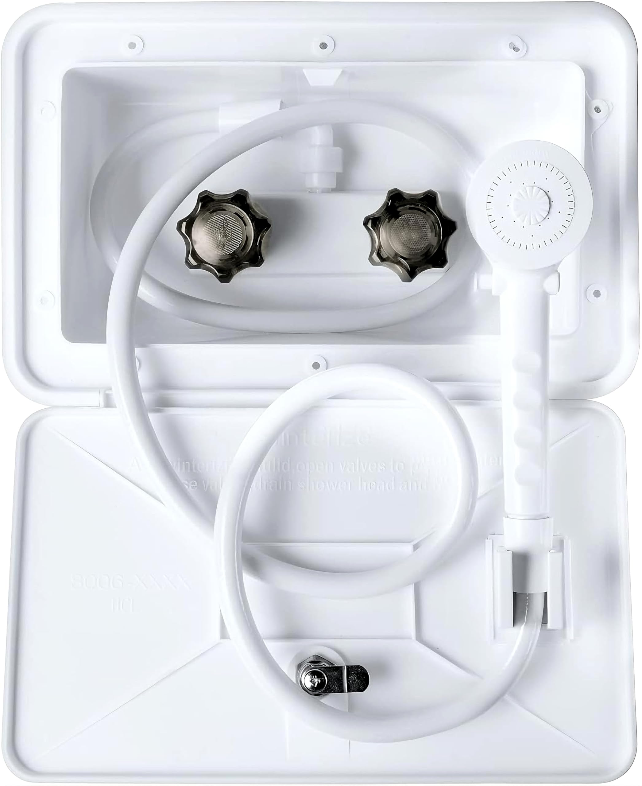 DSRTLP exterior shower box front view on an RV for outdoor rinsing.
