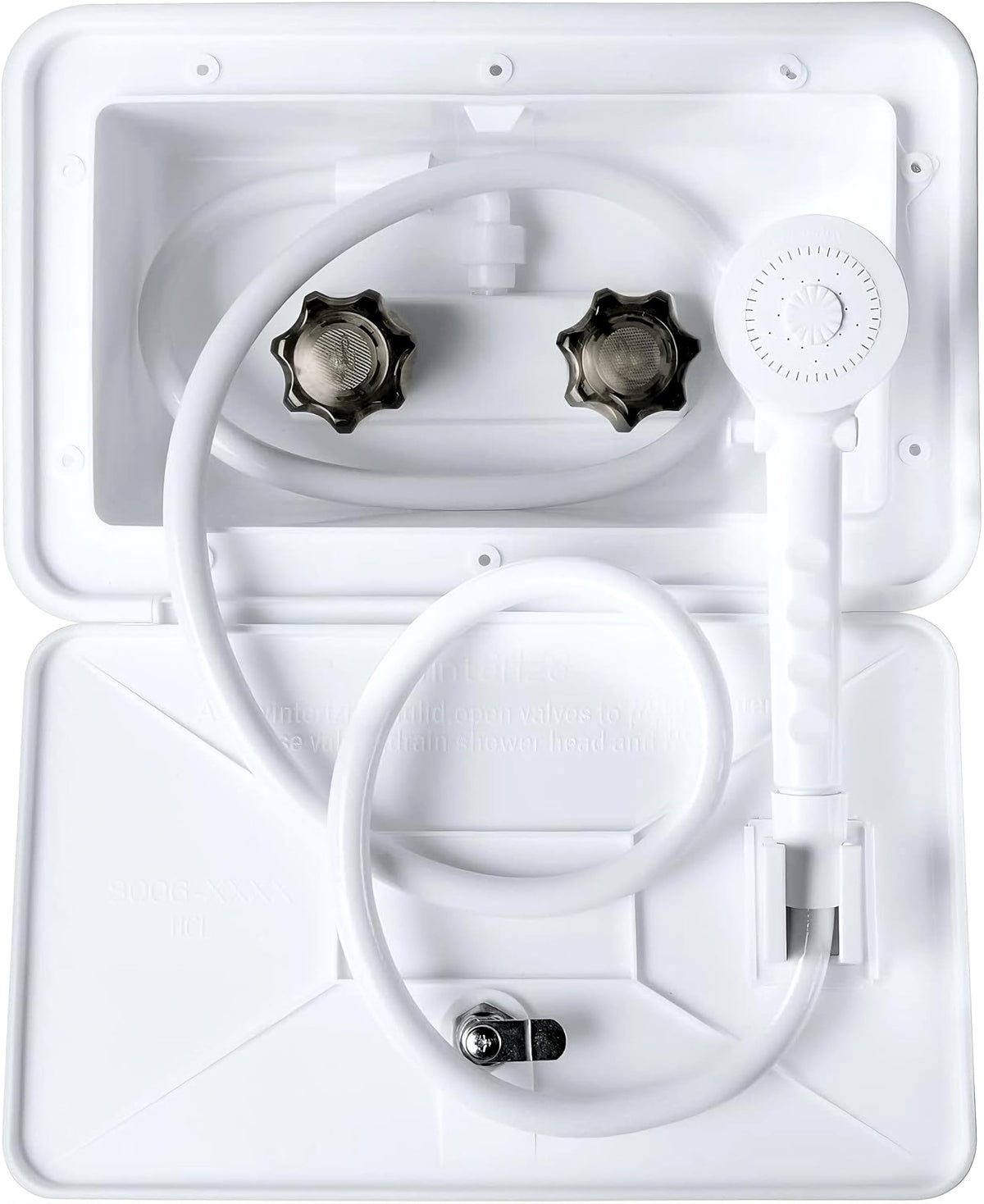 DSRTLP exterior shower box front view on an RV for outdoor rinsing.