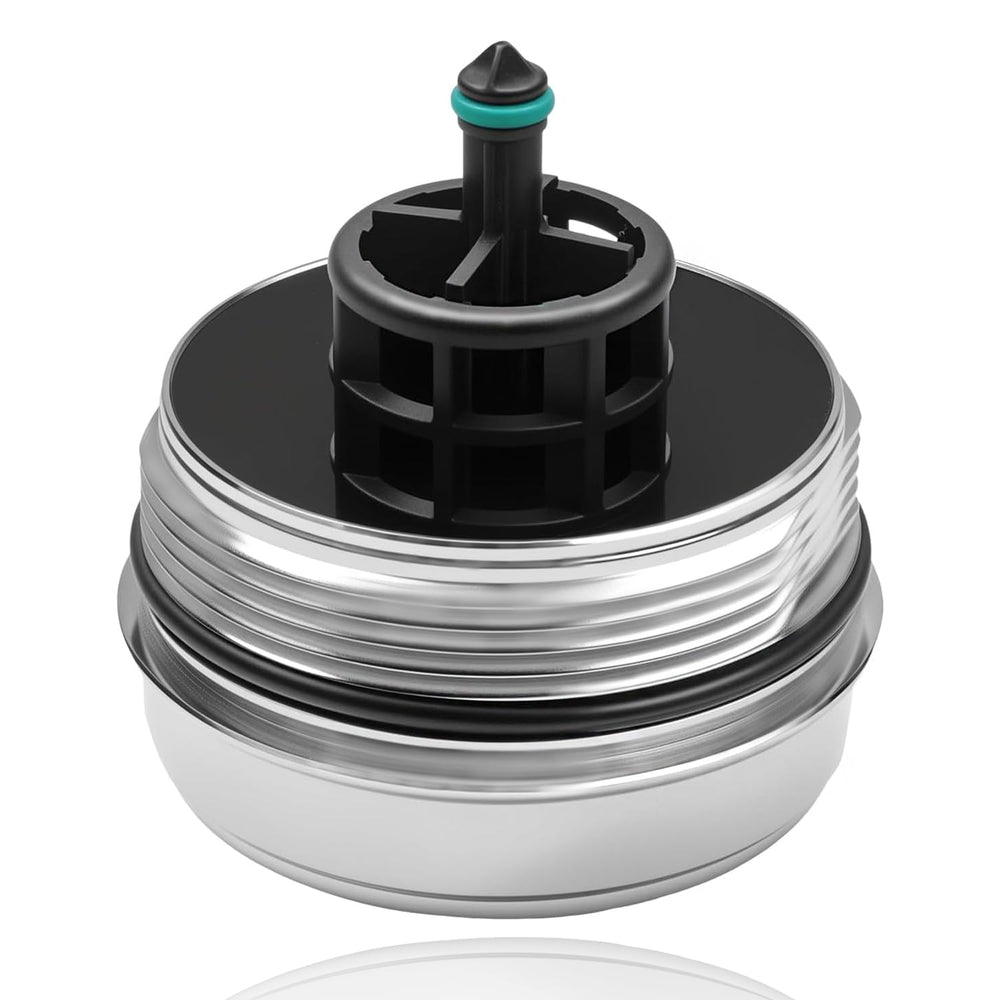 Dtomi aluminium oil filter housing cover cap installed on a BMW engine for secure fit