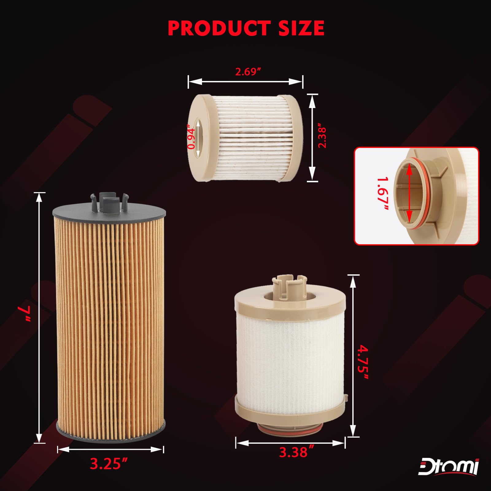 Dtomi brand label on filter surface confirms authentic fitment.
