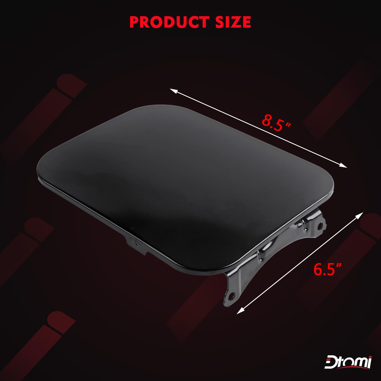 Dtomi fuel filler door packaging displays compatible part numbers for quick replacement.