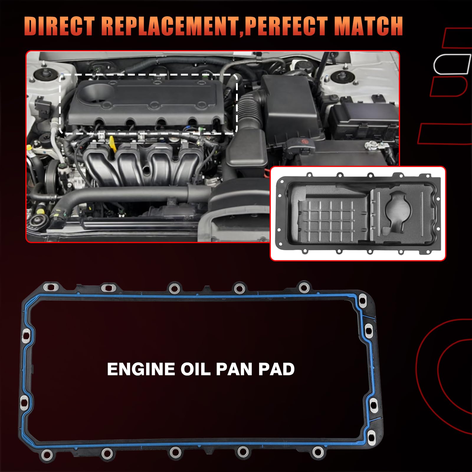 Dtomi oil pan gasket fitment close-up demonstrates alignment with mounting holes for easy installation.