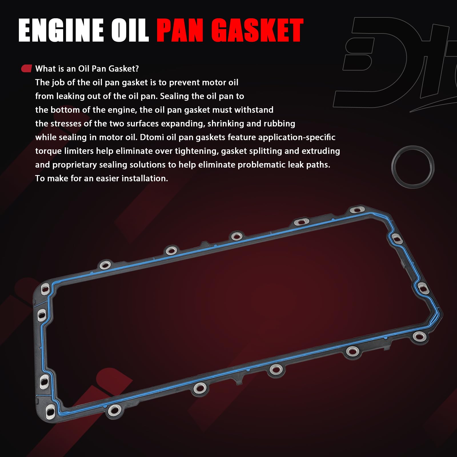 Dtomi oil pan gasket surface rendering highlights smooth finish for reliable sealing.
