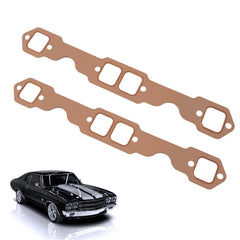 Dtomi SBC header gasket oval port copper, two-piece set for leak-free exhaust seals.