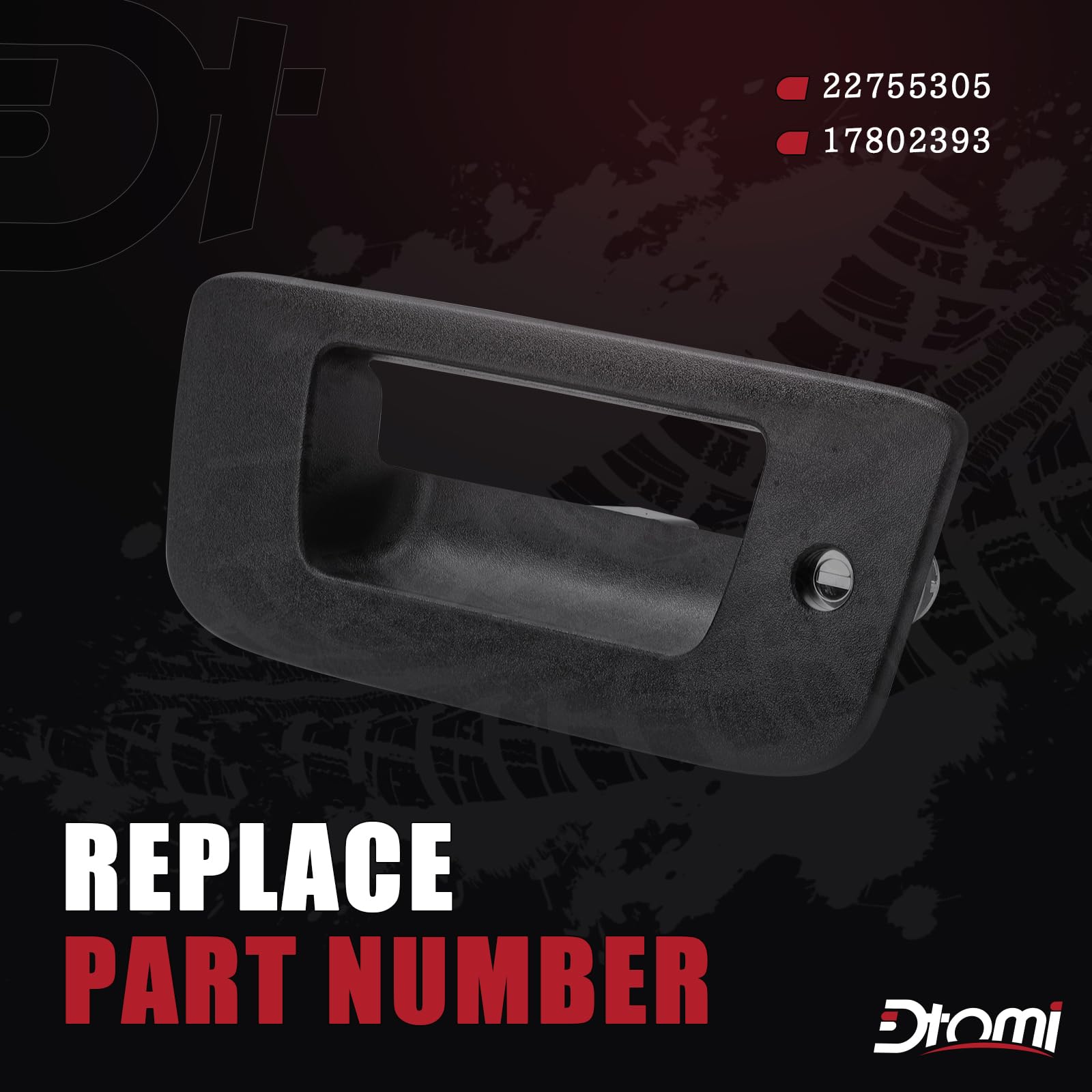 Dtomi tailgate handle with lock cylinder and bezel, showcasing premium construction.