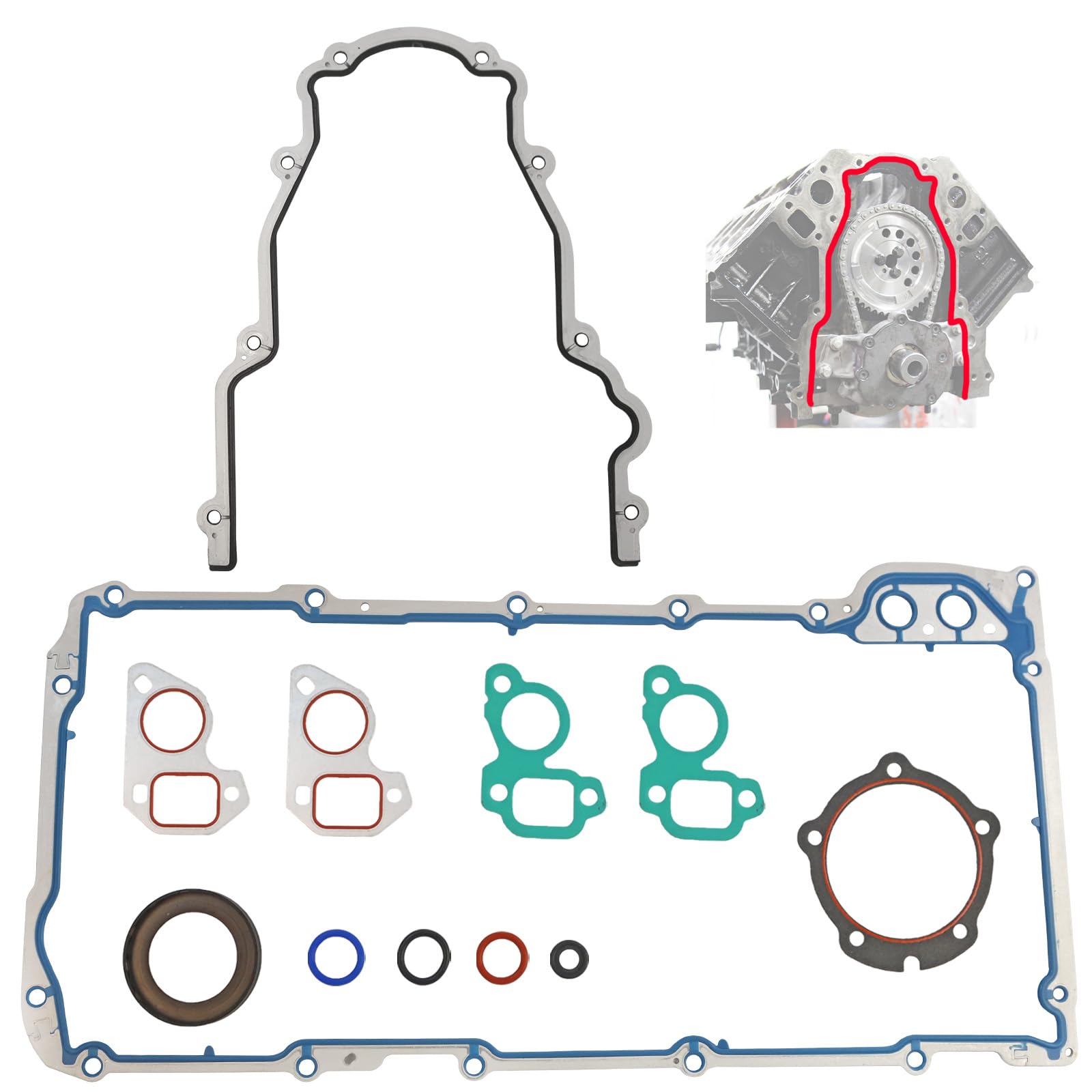 Dtomi timing cover gasket set close-up showing precision fit for LS V8 engines.
