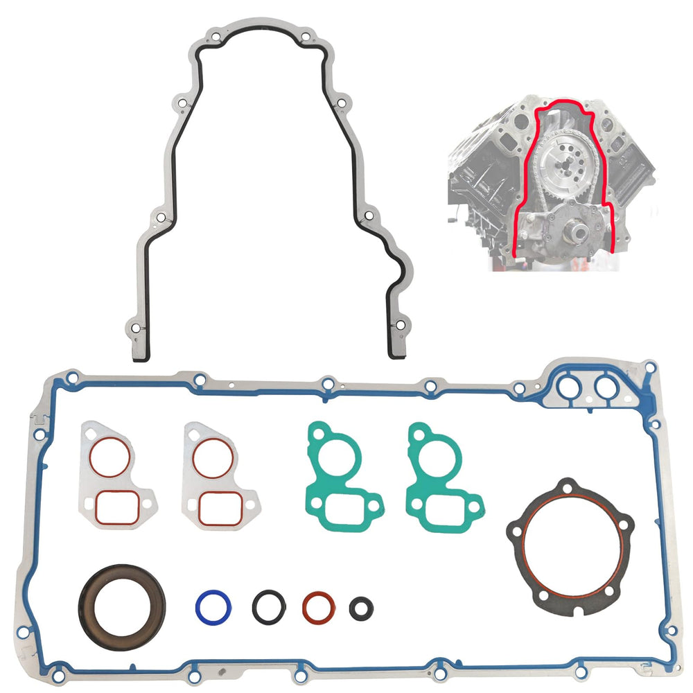 Dtomi timing cover gasket set close-up showing precision fit for LS V8 engines.