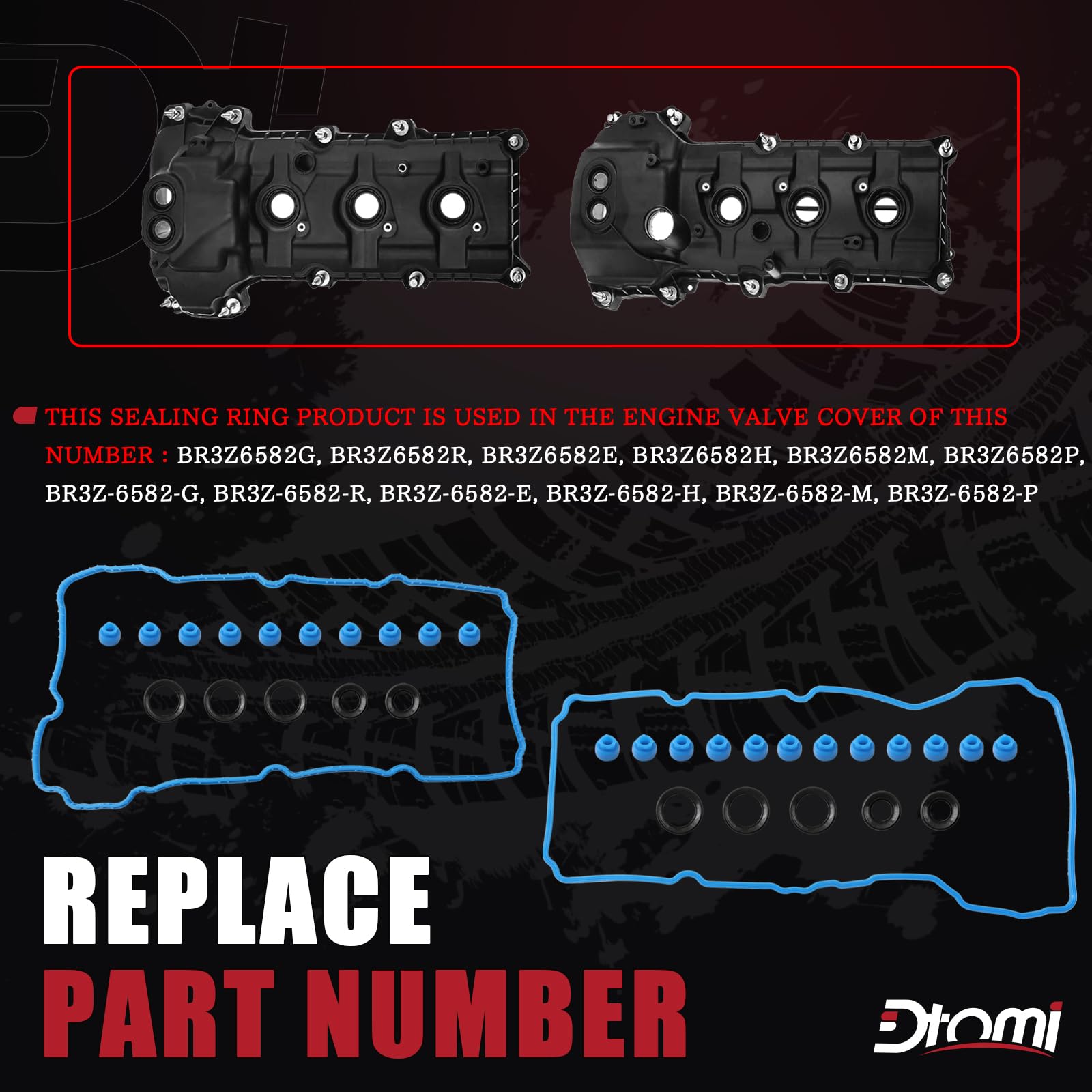 Dtomi valve cover gasket set closeup highlighting elastomer coatings resist oil and heat