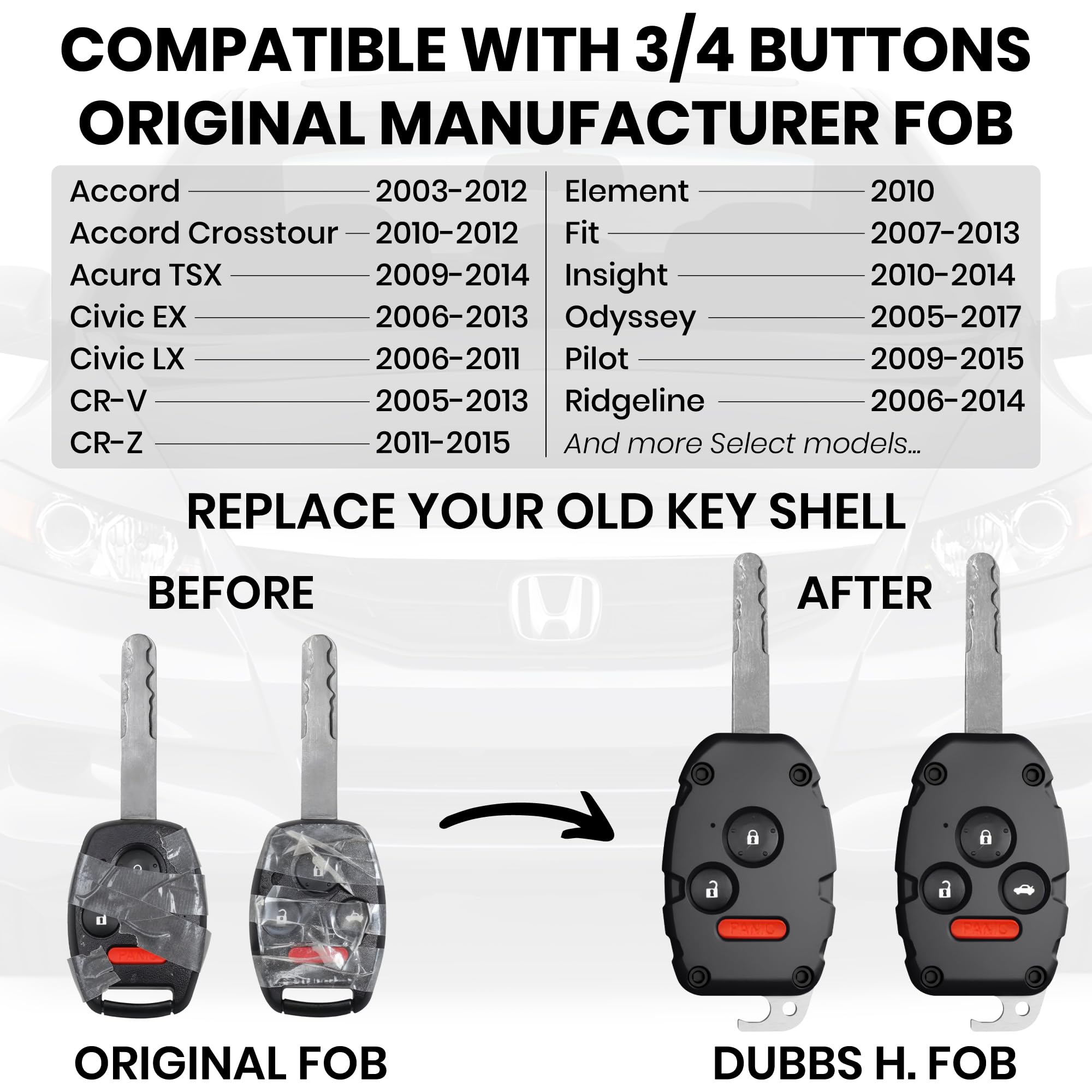 Dubbs Honda key fob shell USA-made quality for durable performance