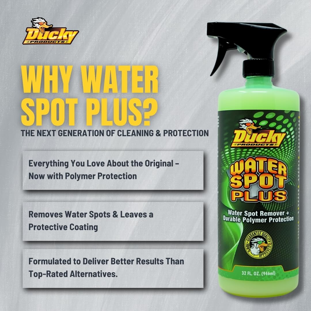 DUCKY PRODUCTS Water Spot Plus spray-on wipe-off action cleans hard water stains on exterior surfaces