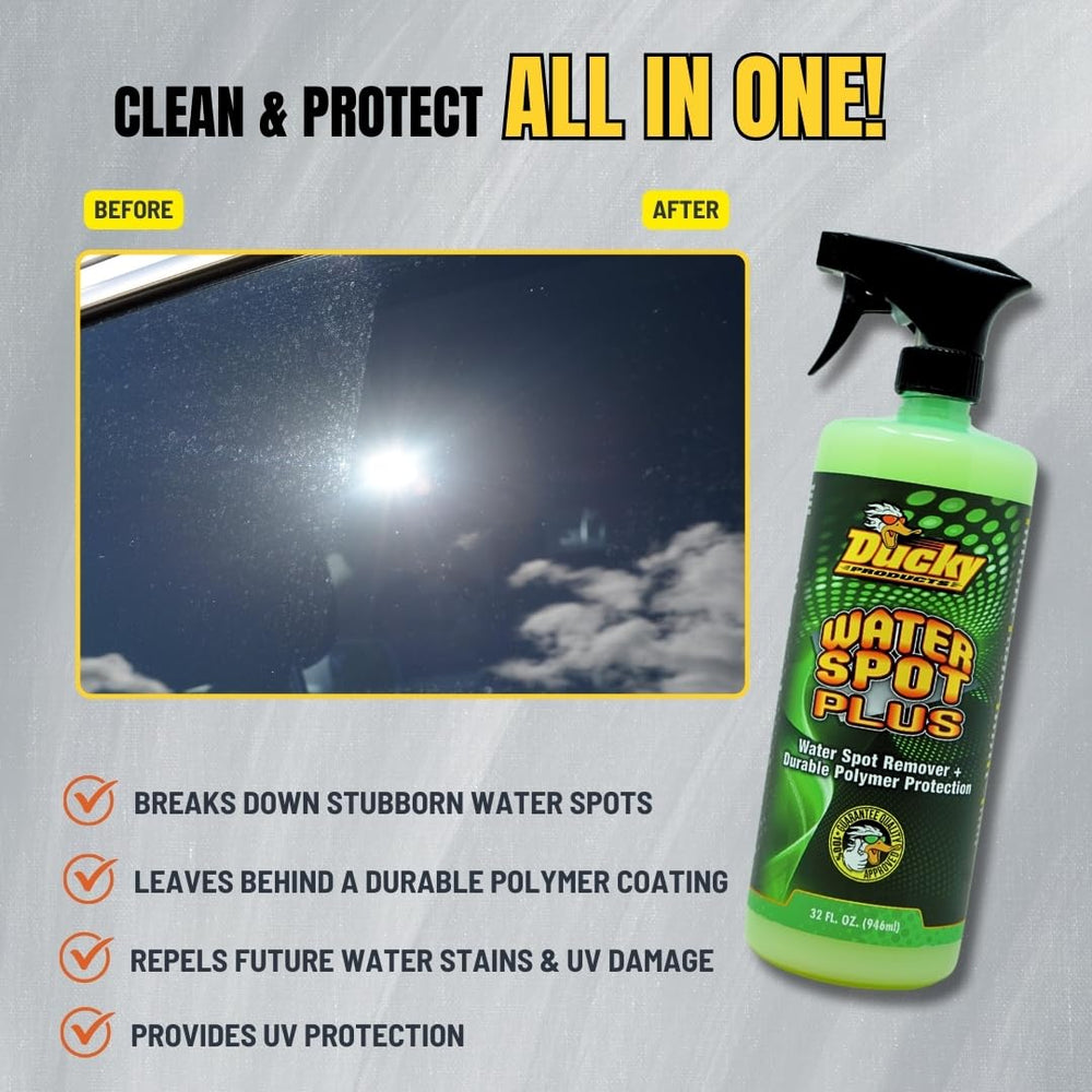 DUCKY PRODUCTS Water Spot Plus adds wax for a glossy, protected finish after mineral removal