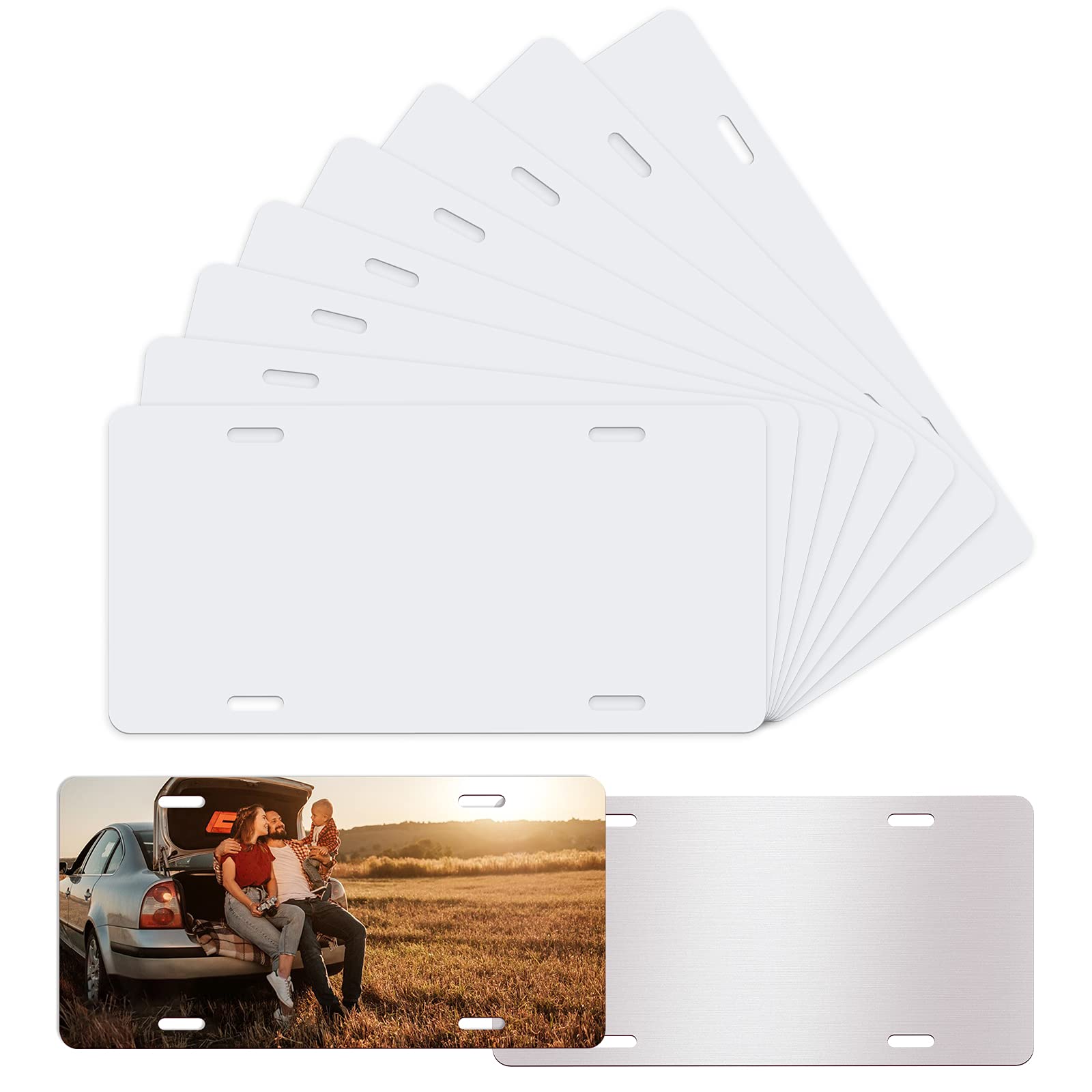 DUDSOEHO 10-pack sublimation license plates front view, ready for vibrant custom designs.