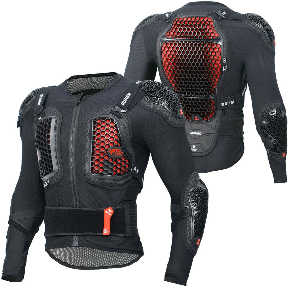 DUHAN CE Level 2 motorcycle jacket front view showing full-body protection