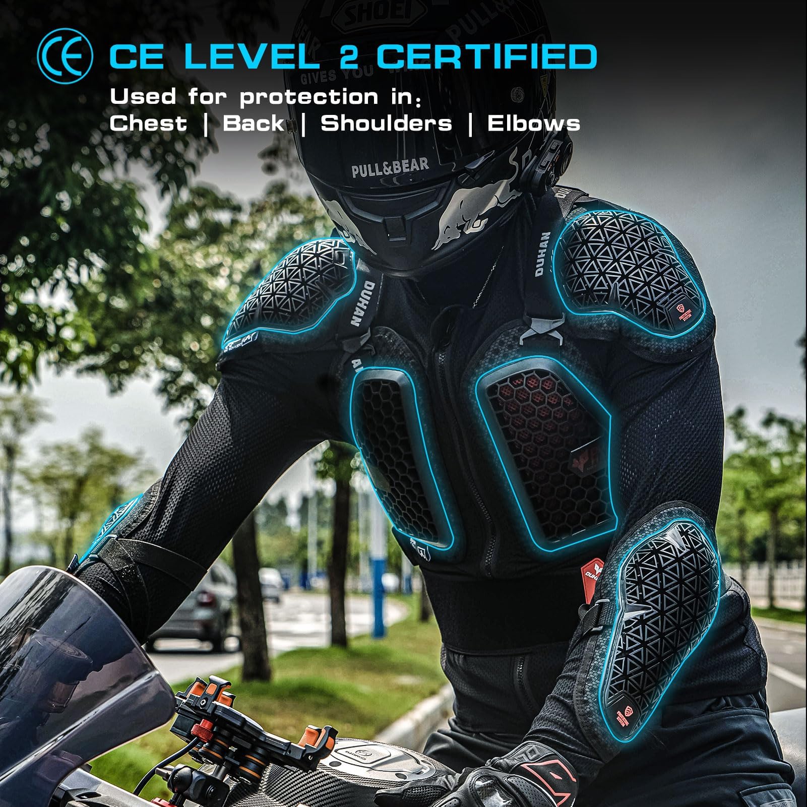 DUHAN jacket shoulder protection close-up for safer impact absorption