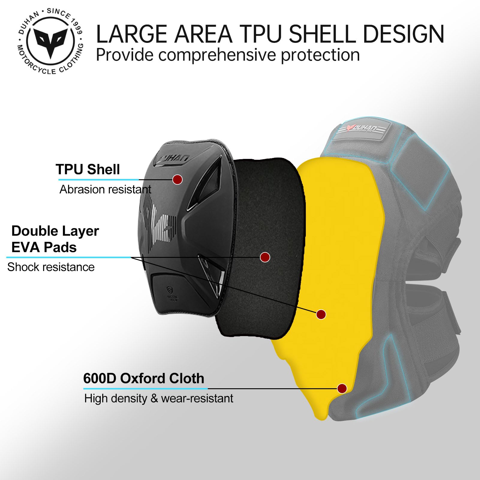 DUHAN knee pads featuring adjustable two-strap system for a secure fit.